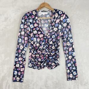 Rotate Birger Christensen Sierra Ruched Floral Print Jersey Top Black Combi Sz 6